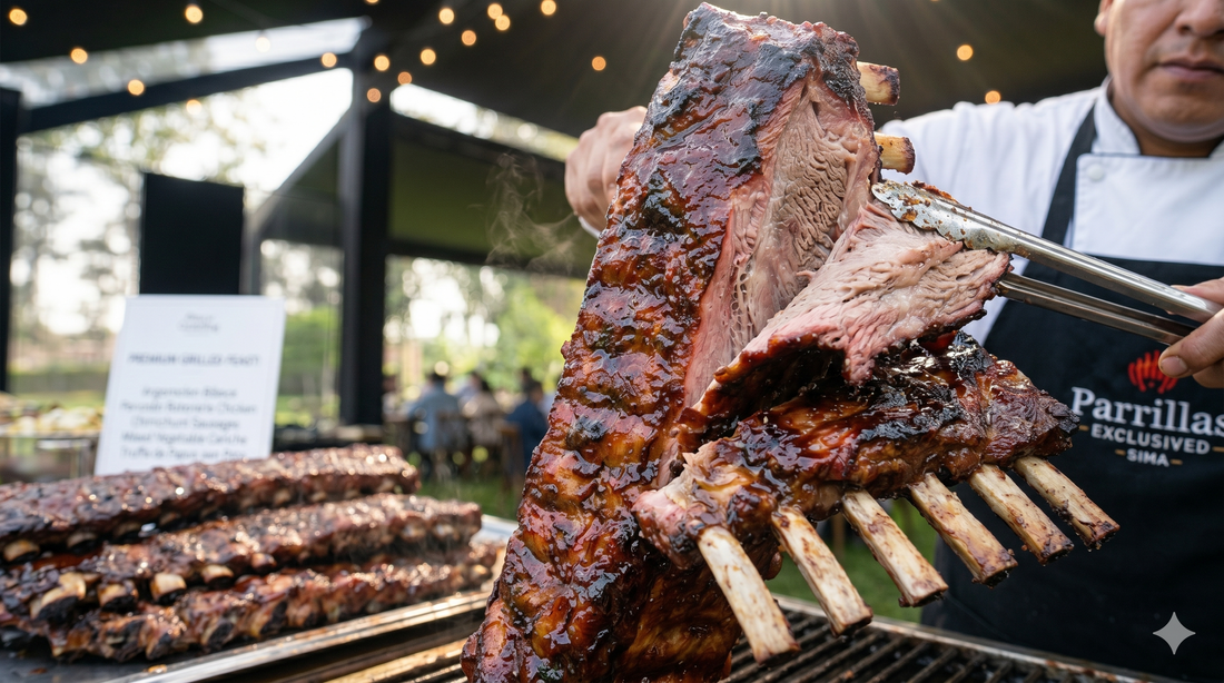 Costillas BBQ en parrilla que se despegan del hueso